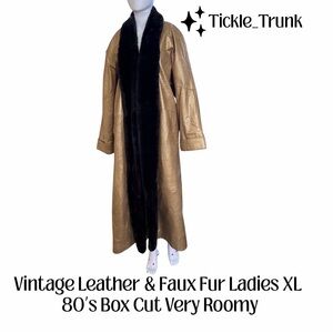 Vintage Ladies XL Gold Leather and Faux Fur Trench Coat